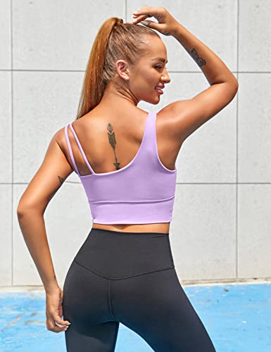 Image of MELYUM Longline Sports Bras for Women One Shoulder Workout Tank Tops with Built in Bra Supportive Crop Yoga Top Padded