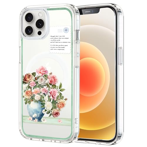 Unov Case Compatible with iPhone 15 Pro Max Case Magnetic Clear with Design Compatible with MagSafe Slim Protective Soft TPU Bumper with Hard PC Back Embossed Pattern (Rose Bouquet)
