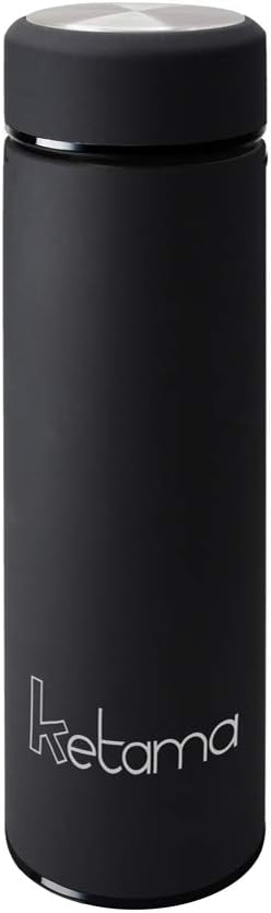 Black thermos bottle made of stainless steel, double walled, with tea strainer, rubber coated, BPA free, small and handy drinking bottle, insulated flask, for travel, also for babies and children, 0.5 litres/500 ml