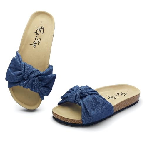 Image of PepStep Slide Sandals for Women or Ladies Dressy Summer Casual, Cute Bow Tie Knot On Top Strap, Comfy Slip On Cork Foot Bed