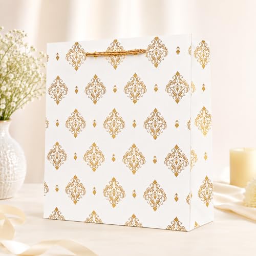 Image of Flora Paperbags |paper bags for Gifting | Medium Size Gift Bags 12 x 10 x 3.6 Inch | Premium Gold Printed Paper with Rope Handles | Wedding Return paper Bags, Birthday Gift Bags, Party Favors & Corporate Gifting | Pack of 10