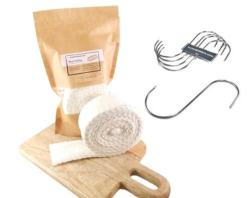 Rete Elastica per la Carne 10mts + S Ganci per Carne x 5 - Rete per Arrosti, Ganci per pesce e carne di affumicatura (125mm/10mts Calza + Ganci per Carne x 5)