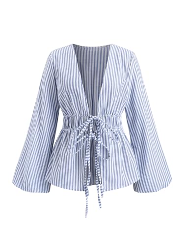 SHENHE Women's Striped Tie Front Bell Sleeve Blouse Deep V Neck Elegant Peplum Top Shirt