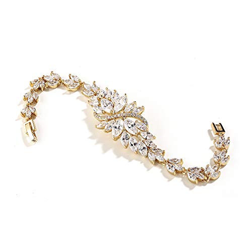 Mariell 14K Gold Plated Cubic Zirconia Bridal Wedding Tennis Bracelet with Marquis-Cut CZ Cluster