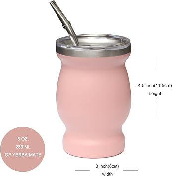 Beruth Bombilla Yerba Mate Gourd, 8 oz Paslanmaz Çelik Çay Bardağı Seti, Çok Fonksiyonlu Kapaklı, İki Pipetli ve Temizleme Fırçalı, Çift Duvarlı Kahve Kupası Isı Yalıtımı, Haşlanma Önleyici (Şeftali