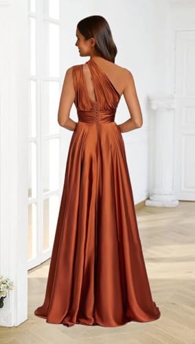 One Shoulder Bridesmaid Dresses for Women Ruffle Satin A Line Pleated Long Formal Evening Gown with Pockets2