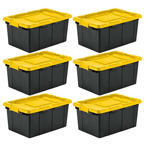 Sterilite 15 Gal Industrial Heavy Duty Stackable Storage Tote w/ Recessed Latching Lid and Channeled Walls for Organization, Black and Yellow (6 Pack)