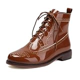 Gicoiz Mujer Cordones Invierno Charol Military Brogue Botas Comodo Tacón Ancho Medio Zip Chukka Ankle Botín Oficina Punta Rojoonda Marrón Talla 38 EU-39Cn