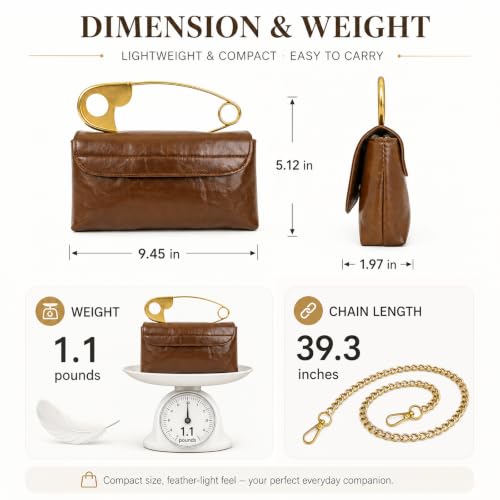 Image of Women's Small Soft Pin Shaped Vegan Leather Crossbody Purse Bag with Gold Metallic Handles & Chain