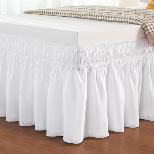 Vocander Double White Bed Skirt Pleated Wrap Around 135 x 190 cm for Double Size Bed Frame & Platform Easy to Install Machine Washable Elegant Bedroom decor