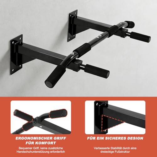 ISE Klimmzugstange Wand zur Wandmontage, Pull Up Bar mit rutschfesten Griffen, Klimmzugstange Decke mit Wandhalterung & 8 Schwerlastdübel zur Montage SY-165 – Bild 3