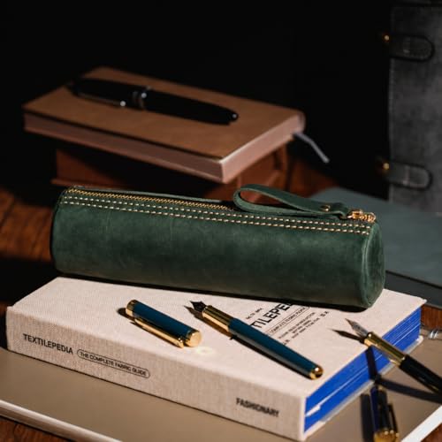 Image of ECHSRT Vintage Leather Pencil Case for Men & Women | Classic Cylinder Pen Holder | Genuine Crazy Horse Leather Pouch | Full-Grain Cowhide Organizer for Work, College, Travel (Green)