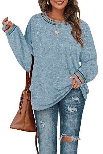 Aokosor Sweatshirt Polarfleece für Damen Langarmshirt Pullover Oberteile Rundhalsausschnitt Fuzzy Gestreift Regenbogen Hellblau XXL Cover