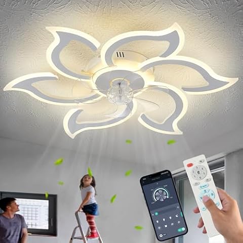 haodengshi 35" White Ceiling Fan with Lights, Flower Ceiling Fan with Light Remote Control, 3 Light Color 6 Speeds Flush Mount Low Profile Ceiling Fan for Bedroom Kitchen Cover