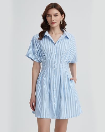 YEXPINE Women\'s Button Down Pleated Shirt Dress Short Sleeve Corset Waist Striped Summer Causal Mini Dresses Blue