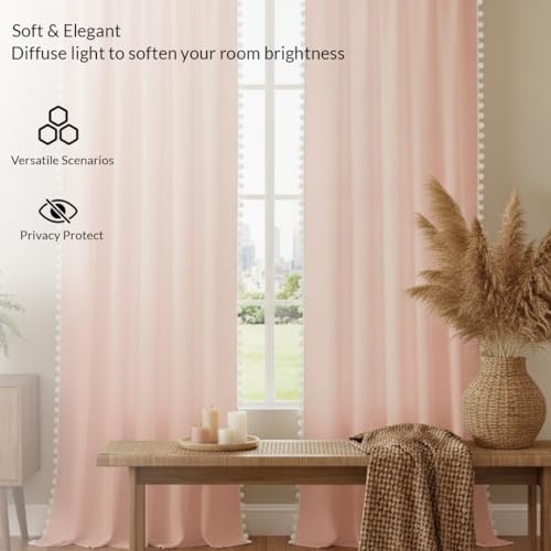 Image of HOMEMONDE Sheer Curtains 6 Feet Long One Piece - Both Sides Pompom Window Curtain, Transparent and Light Filtering, Hang with Rod Pocket - (72 Inch, Peach)