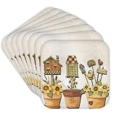3dRose Birdhouses and Flower pots with Yellow Daisies and Garden Tools Set of 8 Coasters - Cork