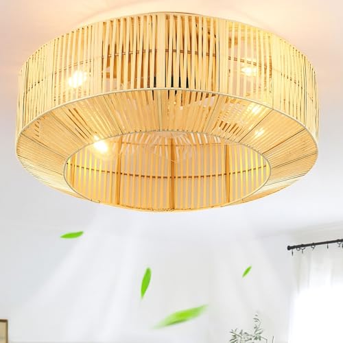 DWVO 18 Inch Boho Caged Ceiling Fan with Lights, Flush Mount Ceiling Fans with Remote, 6 Speeds, Reversible Blades, Enclosed Fan Lights for Living Room, Bedroom, Dining Room, Kitchen