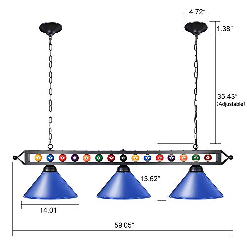 Wellmet 59'' Hanging Pool Table Light Fixture For Game Room Beer Party, Ball Design Metal Billiards Light With 3 Lamp Shades, Suitable For 7~9 Foot Pool Tables (Blue) #TOP2