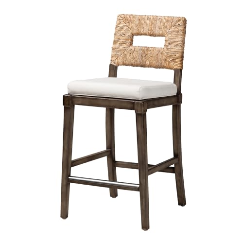 Baxton Studio Porsha Dark Brown Mahogany Wood and Natural Rattan Counter Stool