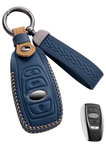 YINEOR for Subaru Key Fob Cover Leather Car Key Case Keychain Fob Holder Compatible for Forester Impreza Outback Legacy STI WRX BRZ Crosstrek Ascent Solterra 2014-2026 (Blue)