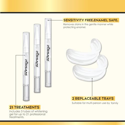 Image of Teeth Whitening Kit - Hydrogen Carbamide Peroxide Gel Pen Strips for Sensitive Teeth, Gum, Braces Care - 32X LED Light Tooth Whitener - Professional Oral Care Kit with 2 Mouth Trays