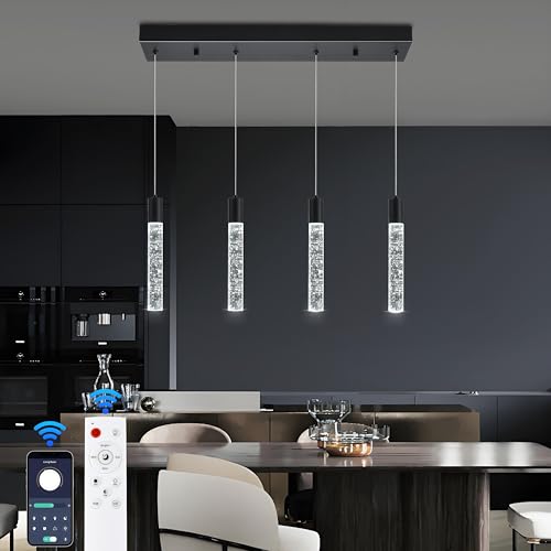Image of 4 Light Pendant Lights Kitchen Island, Modern Matte Black Crystal Pendants with Dimmable 3000K-6000K LED Ceiling Hanging Light Fixture for Dining Room Bedroom, Adjustable Height 59 inch