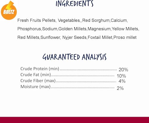 Image of Boltz Premium Fruit Pellet and Seed Mix Bird Food 500Gm, Fruits Blend Flavor with Natural Flavor, Enriched with Fruit and Veg Pellets, Bird Seed Food for Cockatiel & Lovebirds (Fruits Pellets 500 Gm)