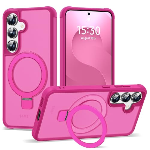 SKYLMW Compatible with Samsung Galaxy S24 Case & Samsung Galaxy S25 Case with Magnetic Ring Stand Translucent Phone Cases for S24 & S25 6.2" [Compatible with Mag-Safe],Hot Pink