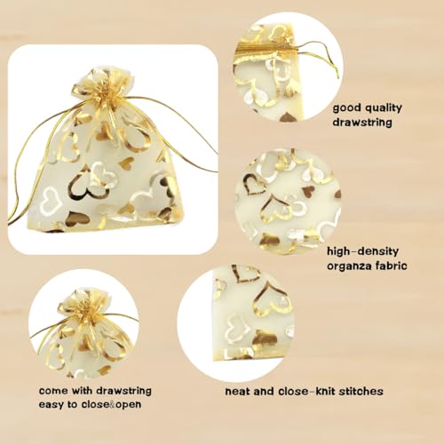 Image of 100 pcs 3.5 x 4.7 Inch Flower Heart Organza Jewelry Gift Pouch Candy Pouch Drawstring Wedding Favor Bags X92 (gold gold heart)