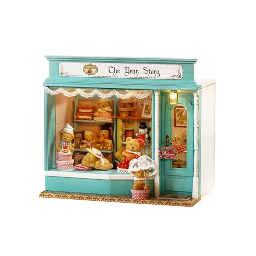 CUTEROOM Kit per casa delle bambole in miniatura fai-da-te, angoli del libro di storie dell'orso,1:32, libreria puzzle in legno 3D fai-da-te con LED e musica