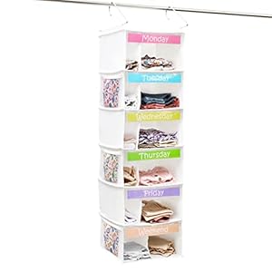 Houseables Kids Closet Organizers and Storage, Weekly Hanging Clothes Organizer, Daily Kid Outfit Organization, 6 Shelf, 39″x12″x12″, White, Days of The Week Clothing System, Monday Through Friday