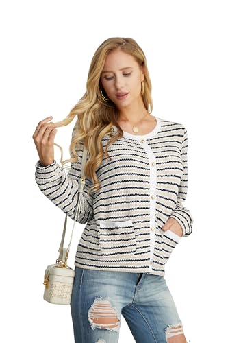 Image of Women's White Apricot Choco Casual Dressy Stirped Cardigan with Patch Pocket Sweaters Crew Neck Lady Lightweight Jacket 2024 Fall Winter Size M