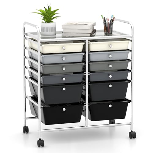 Moccha 12-Drawer Rolling Storage Cart - Utility Cart on Wheels with Lockable Casters for Craft Art Supply Paper Salon, Mobile Drawer Carts for Classroom Teacher School Office (Gradient Grey)