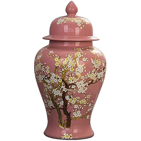 ZHOUXIAO Ceramic Pink Ginger Jar With Gold Pattern, Beautiful Decorative Porcelain Jars Temple Jar With Lids, Flower Vases Decor for Living Room Bedroom Shelf Bookshelf Gift B Cover