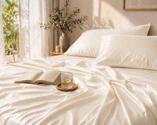 Image of Noare Bamboo Bedsheet Set King Size - Cooling & Breathable Fitted Bedsheet with 2 Pillow Covers for Double Bed | Ultra Soft and Buttery | Soft Ivory