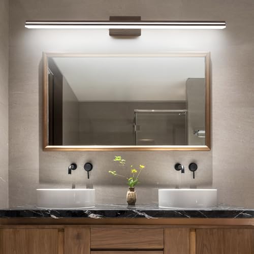 Image of SineRise LED Modern Bathroom Vanity Light Fixtures (48-Inch, 3000K /4000K /6000K, Dimmable), Brown Wood Painted Modern Acrylic Bathroom Wall Lighting Fixtures Over Mirror