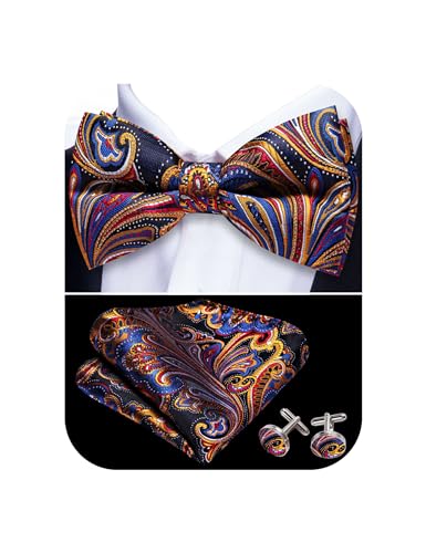 Image of Barry.Wang Paisley Striped Bow Tie for Men Silk Pre-Tied Bowtie Pocket Square Cufflinks Set Formal Wedding Party Prom
