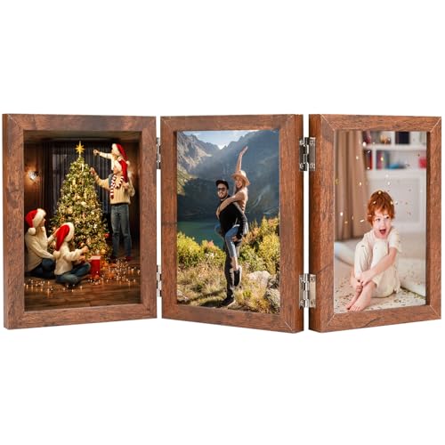 Czemo Cadre photo en bois 10 x 15 cm - Pliable - Pour 6 photos - Double portrait - Décoration pour bureau, famille, mariage
