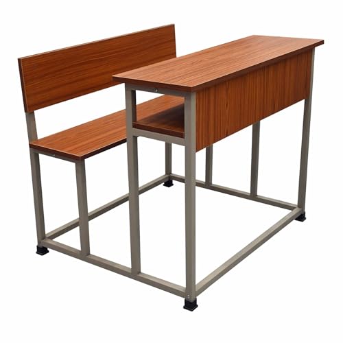 Image of ALKOSIGN Dual Student Bench with Shelf - Prelam Particle Board Natural Teak Top with Beige Powder Coating 100 CM | for Classes 7th to Collage | for School Classroom, Tuitions etc