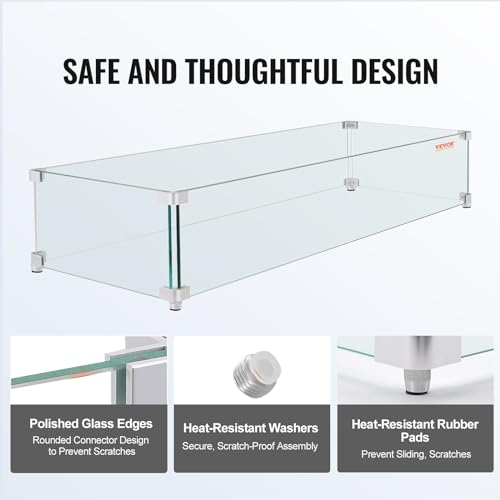 Image of VEVOR Fire Pit Wind Guard, 38 x 10.5 x 6 Inch Glass Wind Guard, Rectangular Glass Shield, 0.3 inch Thick Fire Table, Clear Tempered Glass Flame Guard, Steady Feet Tree Pit Guard for Propane, Gas, Outdoor