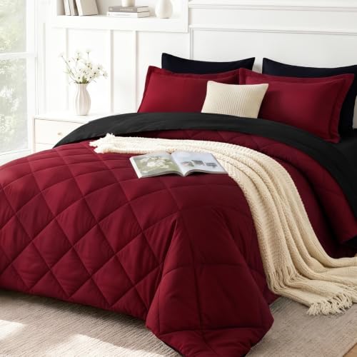 Image of downluxe 7 Pieces Queen Comforter Set with Sheets, Reversible Bed in a Bag for All Seasons with Comforter, Flat Sheet, Fitted Sheet, 2 Pillowcases and 2 Pillow Shams, Black /Red