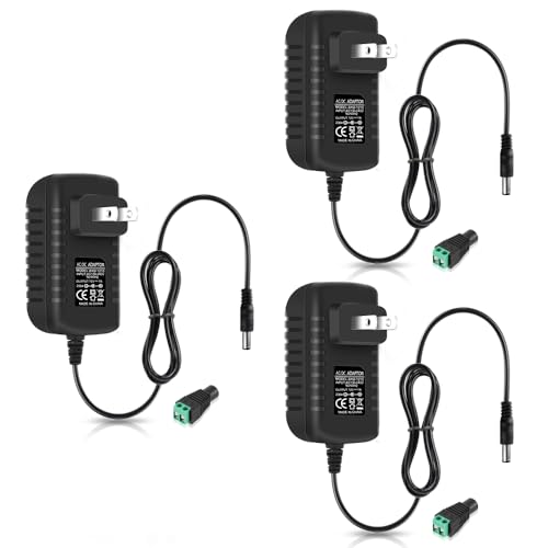 Image of 12V Power Supply, 12 Volt 1A 12W DC Power Supply, Black LED Power Adapter, AC 110V to 12V Wall Mounted Transformer Plug for LED Strip Lights with 5.5 /2.1 DC Female Connector, 3 Pack