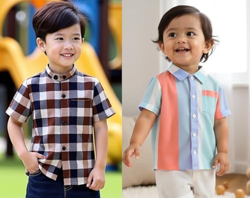 Image of Boys Short Sleeve Button Down Shirts, Plaid and Striped Pattern, Cotton Casual Tops, Pack of 2