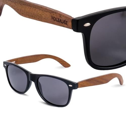 HOLZAUGE® Sonnenbrille Holz für Damen & Herren – Polarisierende Gläser UV400, CE-zertifiziert, Filterkategorie 3 – Walnussholz Bügel, Leicht & Nachhaltig inkl. Beutel & Putztuch