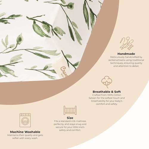 Image of Crane Baby 100% Cotton Sateen Crib Sheet, Fitted for Cribs and Toddler Beds, Baby Crib Sheets, Baby Bedding for Boys and Girls, Green Leaf