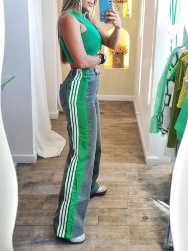 Angsuttc Wide Leg Denim Pants High Waist Patchwork Stripes Loose Jeans Colorblock Straight Leg Pant Green L thumb #4