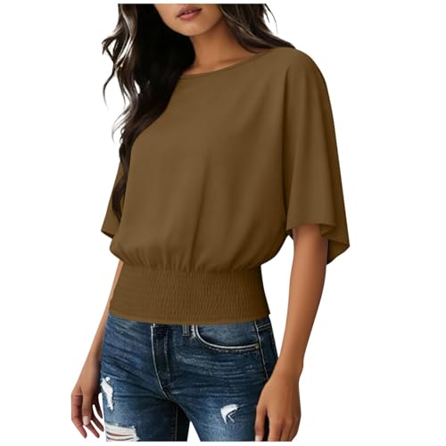 Women's Batwing Sleeve Tops Crew Neck Blouse with Elastic Waistband Hem Casual Cinched Waist Top Solid Loose T Shirt. (US, Alpha, Large, Regular, Regular, Brown)