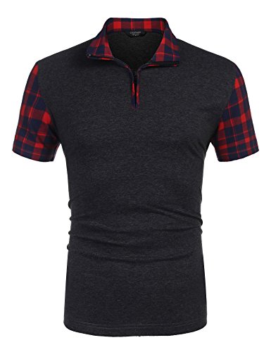 Coofandy Mens Casual Short Sleeve Polo Shirts Slim Fit Zipper Plaid Polo T Shirts (Xl, Dark Grey000) #TOP1