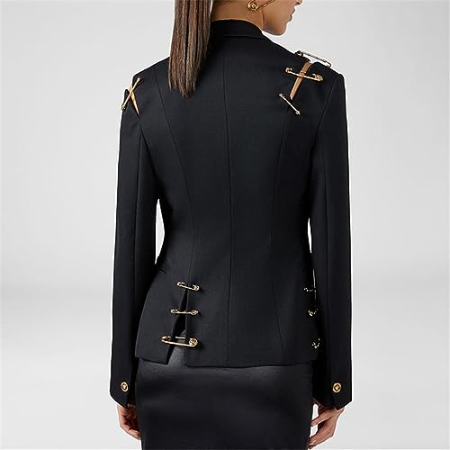Streetwear Coat for Female Patchwork Metal Pin Buckle Lapel Collar Long Sleeve High Waist Slimming Women's Coat3